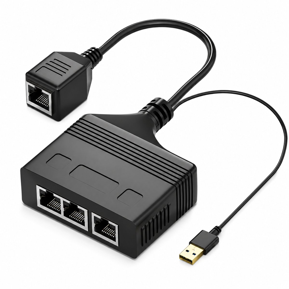 DrPhone NetPort 2 RJ45 Ethernet Splitter Adapter – 1 naar 3 Poorten – 100 Mbps – USB Voeding + Extra RJ45 Vrouwelijk – Zwart
