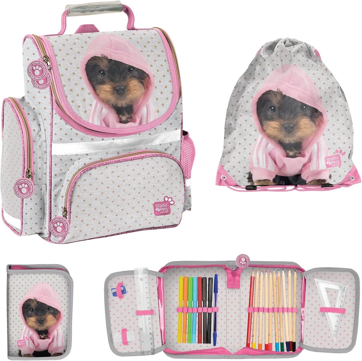 Schooltas Set - Drie Delig - Eerste Schooldag - Met Reflectoren - 37 x 32 cm - Grijs Roze