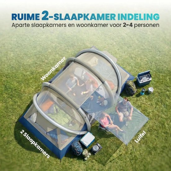 Opblaasbare tent - Opblaasbare glamping tent - Waterdicht - Tot 4 personen - Blauw+Grijs+Lichtbruin - Camping - Tuin - Glamping - 485L x 245B x 188H cm — afbeelding 5