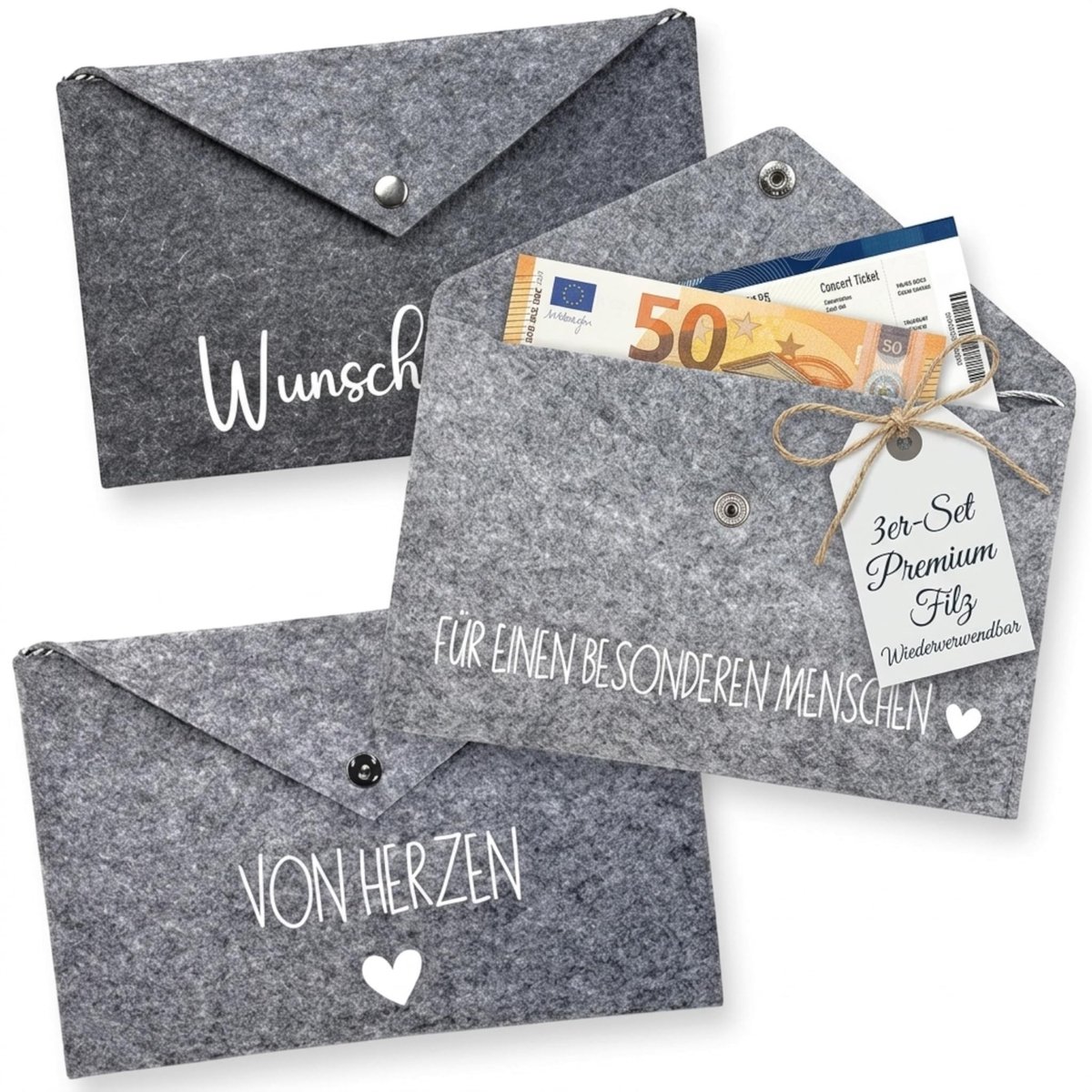 Dailygoods- Geschenkenveloppen set van 3 - Geldgeschenkverpakking - Cadeauverpakking - Vilt - 100% polyester - 25 x 16,5 cm - Met drukknop en draagband