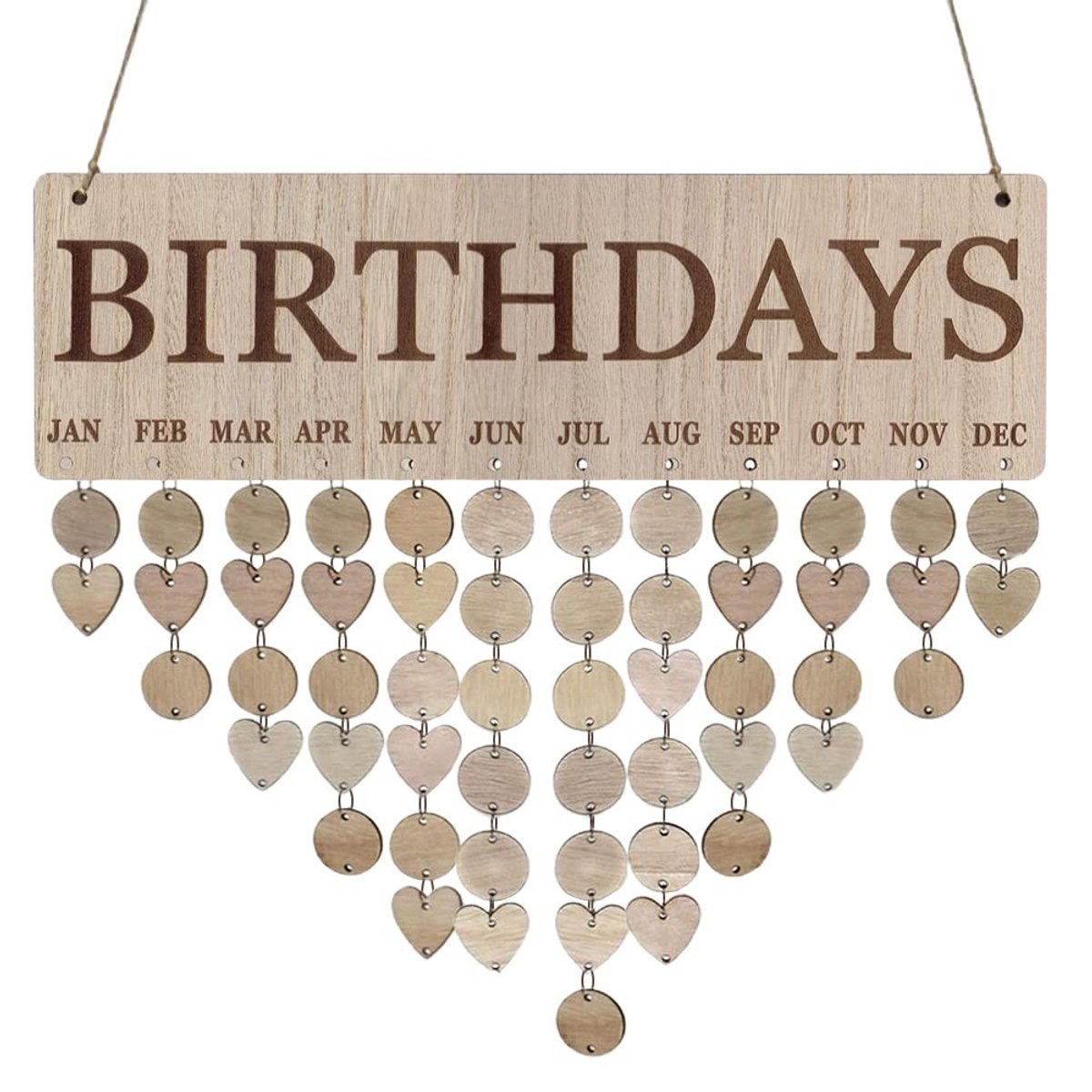 Dailygoods- Verjaardagskalender Houten - Familieherinnering - Muurdecoratie - DIY Tags - Verjaardagscadeau - Eenvoudig te monteren - Familiekalender