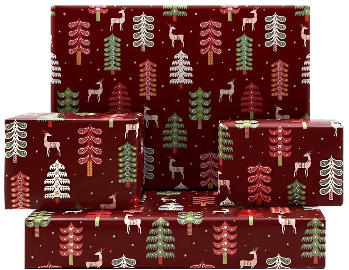 Dailygoods- Inpakpapier Kerst - 4 Vellen - 50 x 70 cm - Abstracte Kerstbomen/Herten - Wijnrood - Unieke Geschenkverpakking - Cadeaupapier