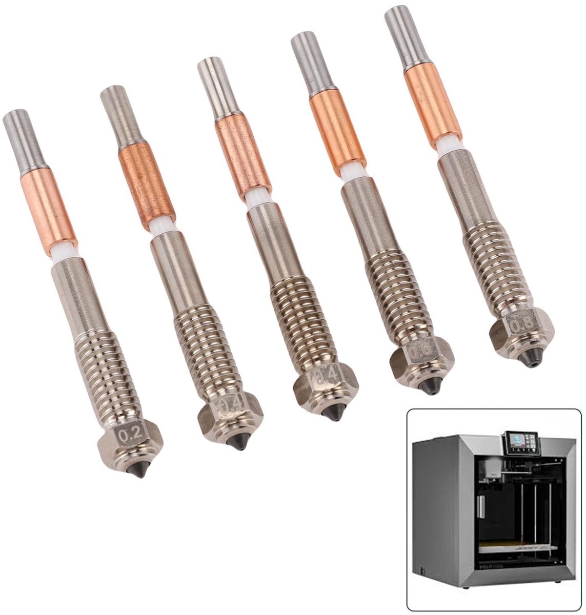 Dailygoods- Extrudermondstukken Geïntegreerde Keramische Isolatie - Bimetaal - 0,2/0,4/0,6/0,8 mm - Ondersteuning voor Filamenten - Geschikt voor QIDI PLUS 4 - Hoge Gladheid - 3D-printer Mondstuk