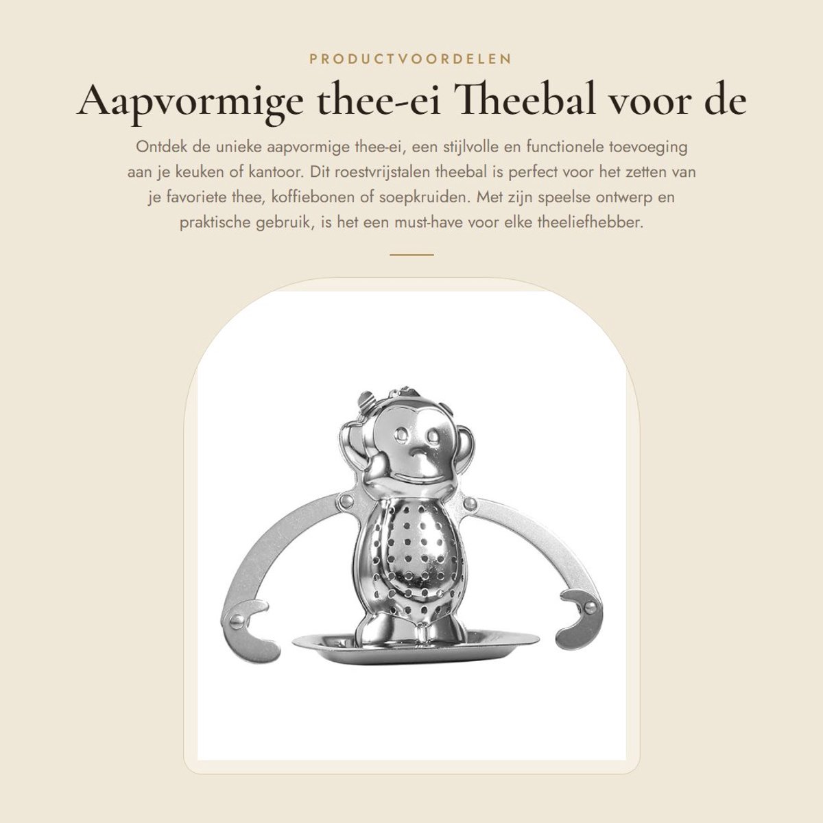 Dailygoods- Thee-ei Aapvormig - Roestvrij Staal - Theebal - Theezeef - Duurzaam - Eenvoudig te Reinigen - Inclusief Lekbak