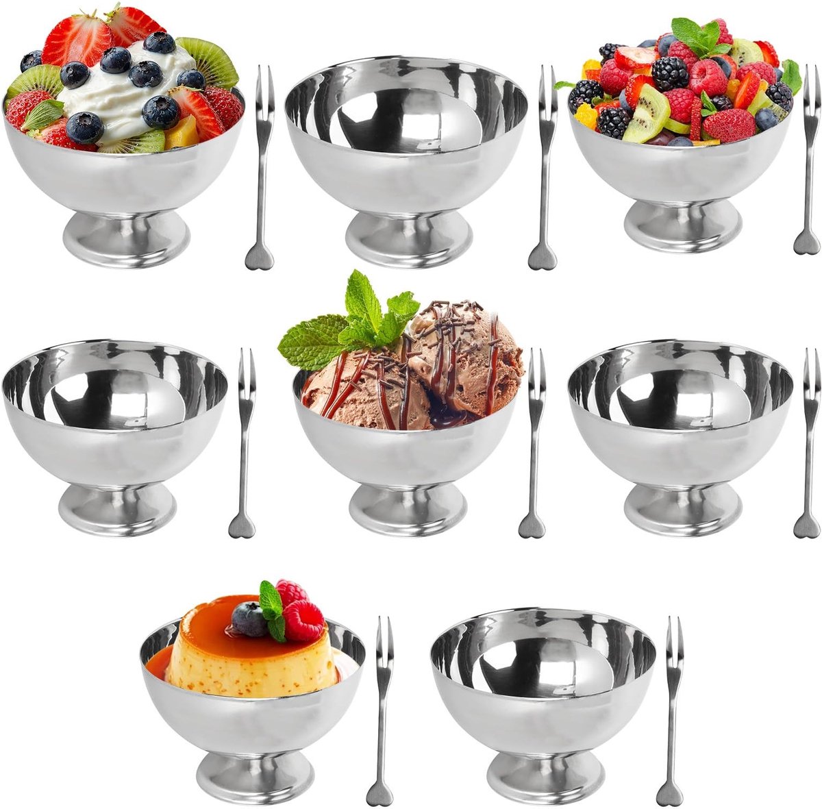 Dailygoods- IJsbekers Set van 4 - Roestvrij Staal - Herbruikbaar - Dessertkommen - Met Vork - Geschikt voor IJs/Sorbet/Mousse - Dessertkom