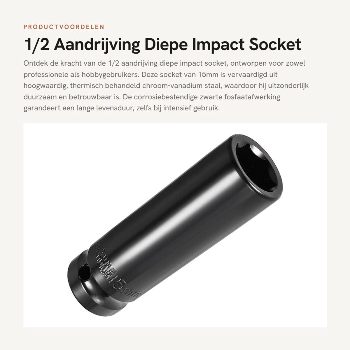 Dailygoods- Impact Socket Diep - 1/2 Aandrijving - 15mm - 6-Punt - Chroom-Vanadiumstaal - Corrosiebestendige Afwerking - Dopsleutel