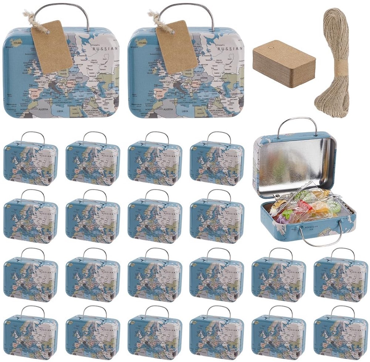 Dailygoods- Kofferdozen 24 stuks - Mini Kofferdozen - Vintage Wereldkaart - Feestgeschenk - Decoratie - Inclusief Etiketten en Touw - Geschenkdozen