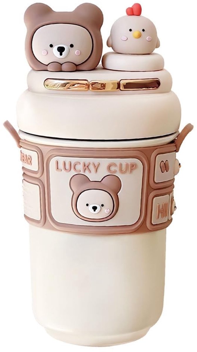 Dailygoods- Drinkfles Schattig Dierontwerp - Thermosfles met Rietje - Drinkfles Kinderen - Dubbele Drinkmethoden - Handig om te Dragen - Vacuüm Geïsoleerd