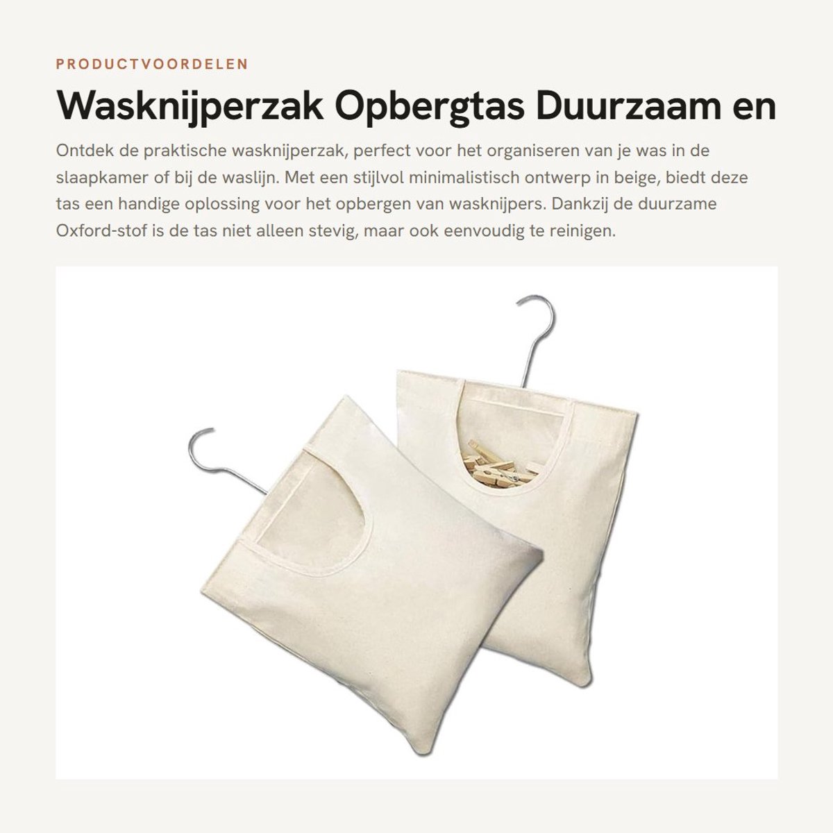 Dailygoods- Wasknijperzak Duurzaam - Wasknijpertas - Opbergtas - Hangende Wasknijperzak - 2 Stuks - 27 x 32 cm - Beige