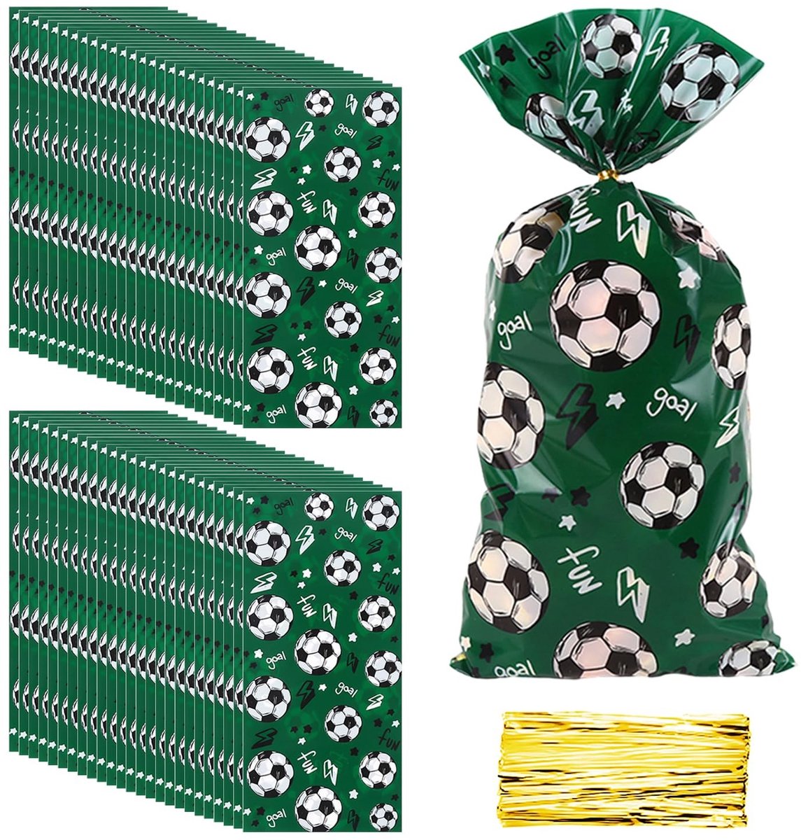 Dailygoods- Cadeauzakjes Voetbalthema - 50 Stuks - Gouden Draadbanden - Groene Kleur - 27,5 x 12,5 cm - Duurzaam OPP-Materiaal - Snoepzakjes