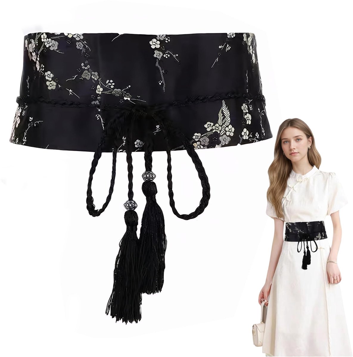 DHER Embroidery Waist Belt Chinese Style Belt with Tassels Retro Embroidered Wide Waist Antique Hanfu Ladies Fabric - ShopVlot