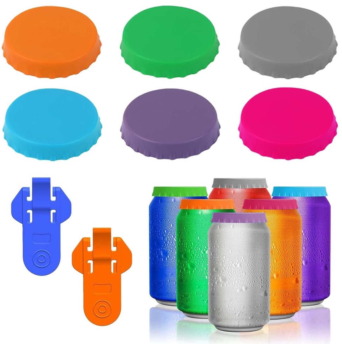 Dailygoods- Drankblikdeksels 6 Stuks - Siliconen - Bier Blikopeners 2 Stuks - Morsbestendig - Kleurrijk - Bescherming tegen morsen - Drankdeksels