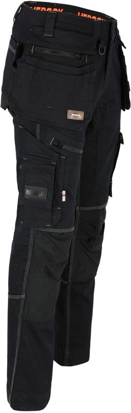 Zwarte werkbroek met gereedschapszakken, ritssluitingen en witte stiksels.