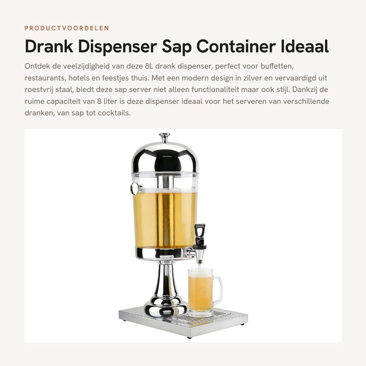 Dailygoods- Drankdispenser 8L - Roestvrij staal - Sapmachine - Koel/warm - Voor buffet/hotel/bar - Afmetingen 21,5 x 26,5 cm - Sapdispenser