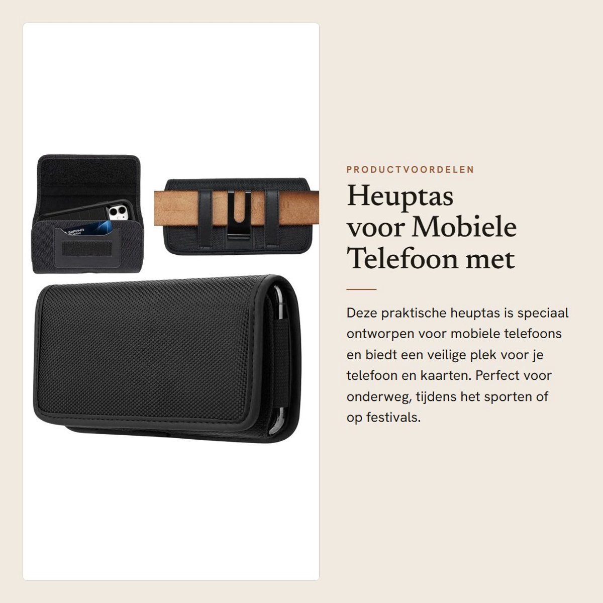 Dailygoods- Heuptas voor mobiele telefoon - Universele riemtas - Oxford-weefsel - Duurzaam - Met kaarthouder - Geschikt voor iPhone 15/14/13/12/11 - Telefoonriemtas