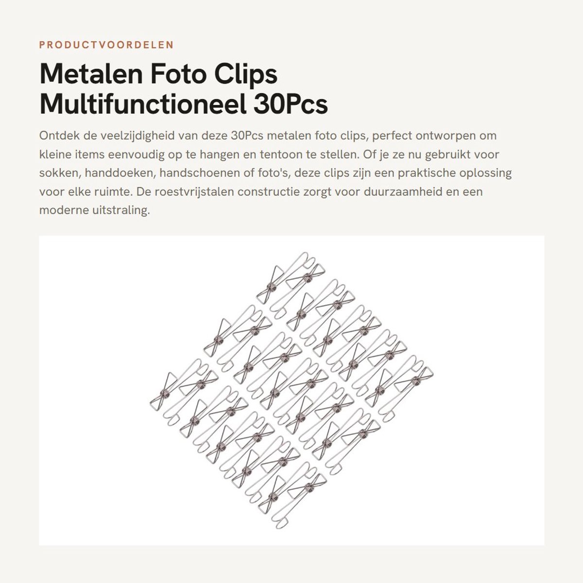 Dailygoods- Foto Clips - 30 Stuks - Roestvrij Staal - Haken - Ophanghaken - Handdoek Haken - 9,5x2 cm - Haakjes