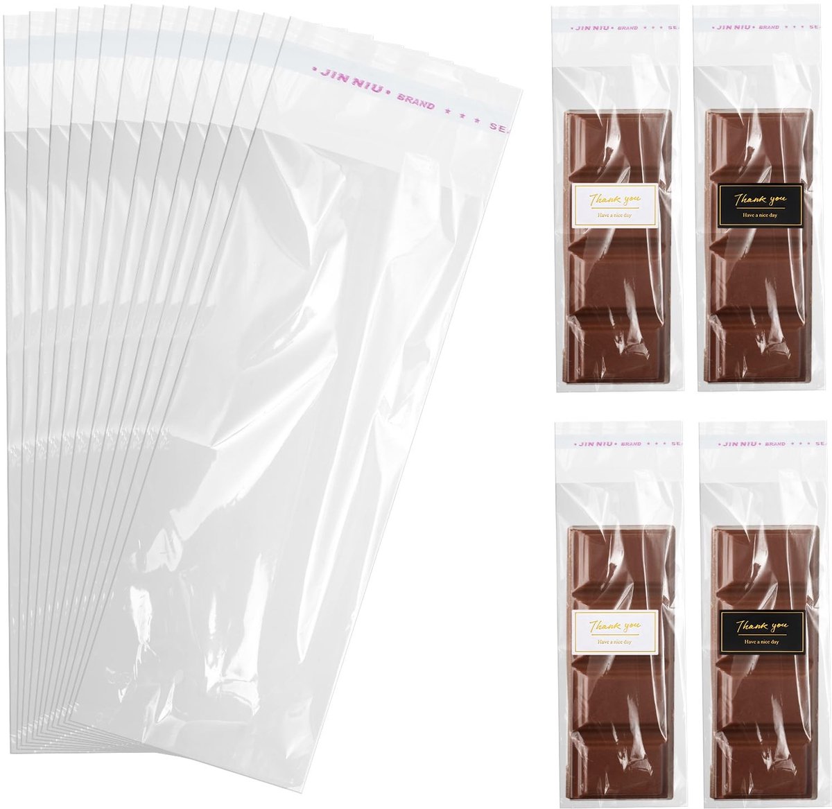 Dailygoods- Cellofaanzakjes 100 stuks - Transparant - Snoepzakjes - Koekjeszakjes - Met Thank You-stickers - Afmetingen 20 x 6 cm