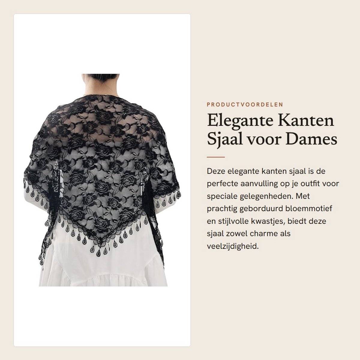 Dailygoods- Sjaal Elegante Kanten - Bloemenmotief - Driehoekige Mantilla - Kwastjes - Perfect voor Feest - 155 cm x 55 cm - Hoofddoek