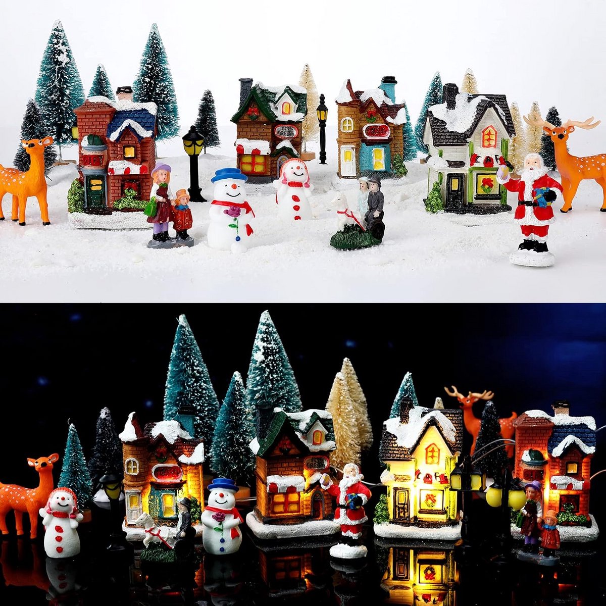 Kerstdorp Decoratie Set - Miniatuur Huisjes - Wintertafereel Creëren - Verlicht met LED - 28 Delig - Multicolor