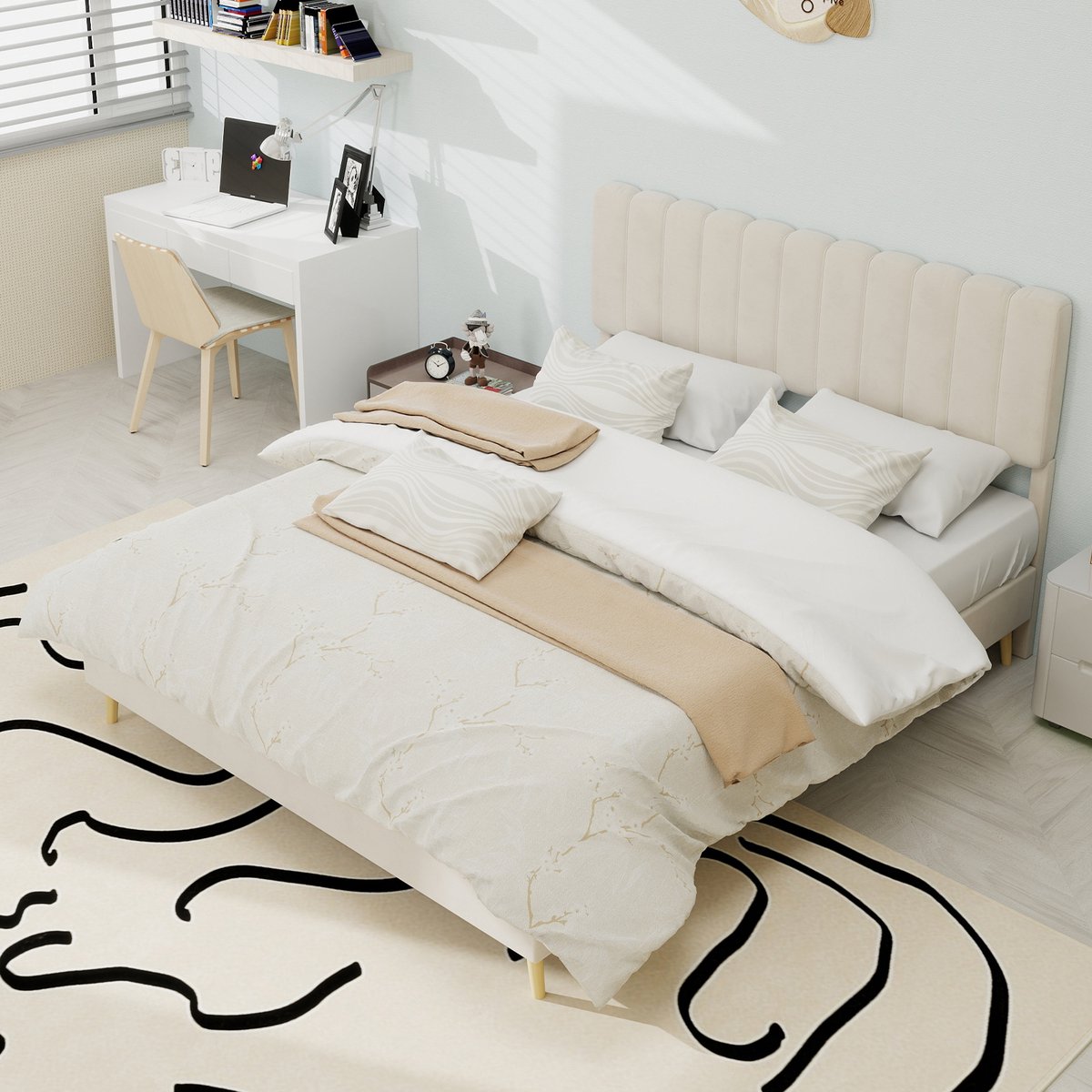 DESMIU Gestoffeerd Bed 140x200 cm – Modern Tweepersoonsbed met Zacht Hoofdbord – Laag Platformbed – Voor Slaapkamer – Fluweellook – Beige – Zonder Matras