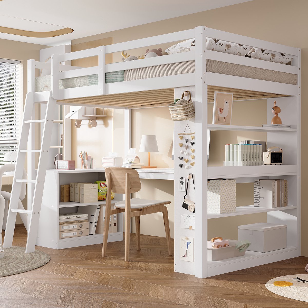 DESMIU Hoogslaper 90x200cm - Kinderbed met veilige trap en opbergplank - Bed met filtvak en veiligheidsleuning - Voor kinderkamer - Massief Hout en Vezelplaat - Wit - Zonder Matras