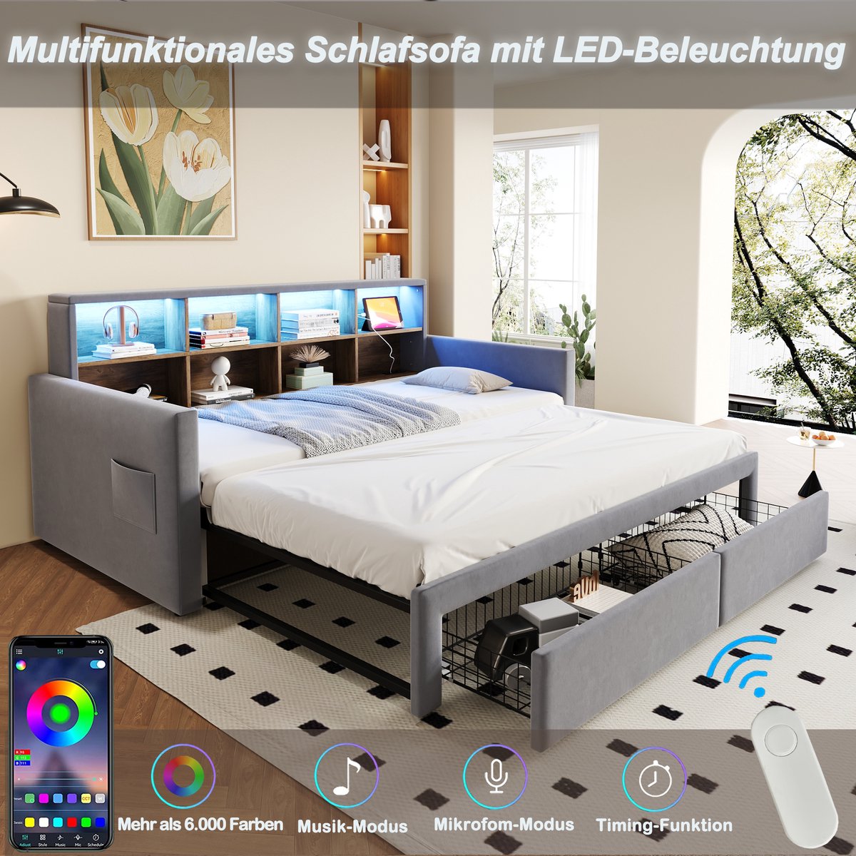 DESMIU Gestoffeerd Bed 90x190cm - Uitschuifbaar Slaapsofa Met Hoofdbord Opbergruimte - Met LED Verlichting En Laadpunten - Met Lades Voor Slaapkamer En Logeerkamer - Zacht Fluweel - Lichtgrijs - Zonder Matras