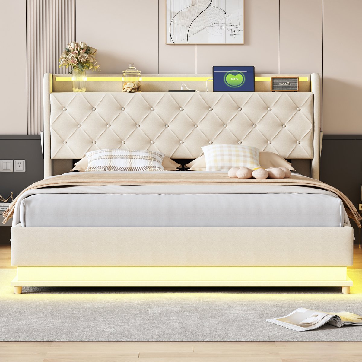 DESMIU Gestoffeerd Bed 160x200cm – Led Bed Met Usb Oplaadfunctie – Hydraulische Opbergruimte Onder Bed – Voor Slaapkamer – Linnenlook – Beige – Zonder Matras