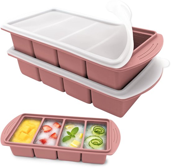 Deux plateaux en silicone rose avec couvercles, l'un ouvert. Le plateau inférieur contient de la mangue, des fraises et du citron. Deux plateaux, empilables.