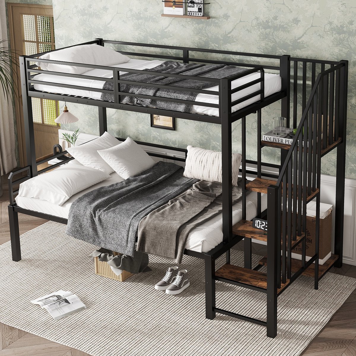 DESMIU Stapelbed 120x200cm – Multifunctioneel Bed Met Hoektrap En Opbergruimte – Voor Kinderen En Jongeren – Metaal En MDF – Zwart – Zonder Matras