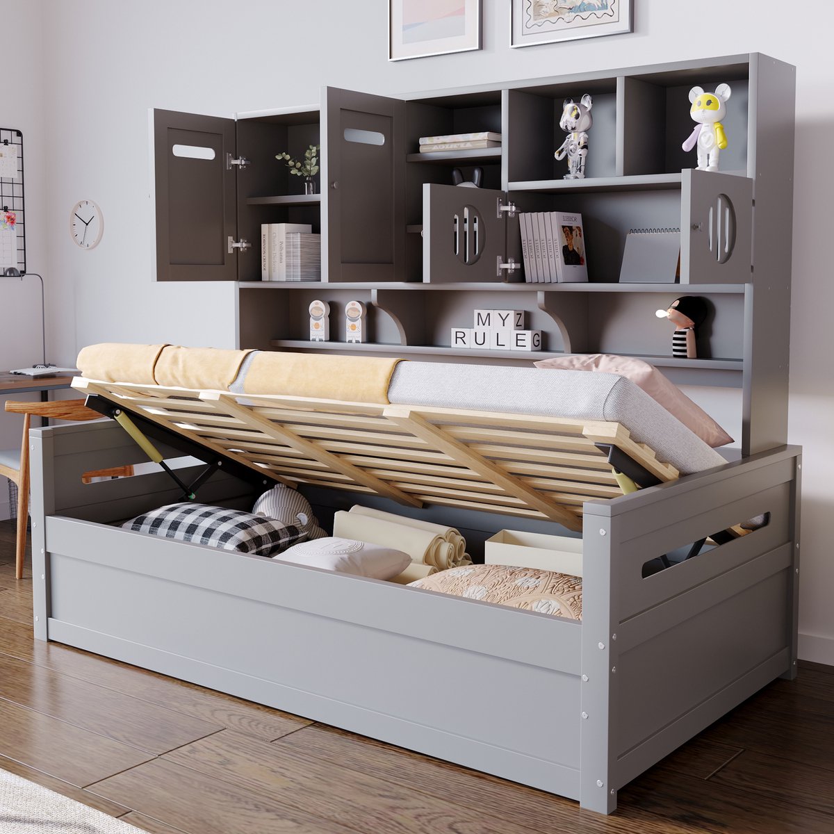 DESMIU Bed 90 x 200 cm - Slaapbankbed Met Multifunctionele Opbergruimte - Hydraulisch Opbergmechanisme - Voor Jeugd en Slaapkamer - Grenenhout - Grijs - Zonder Matras