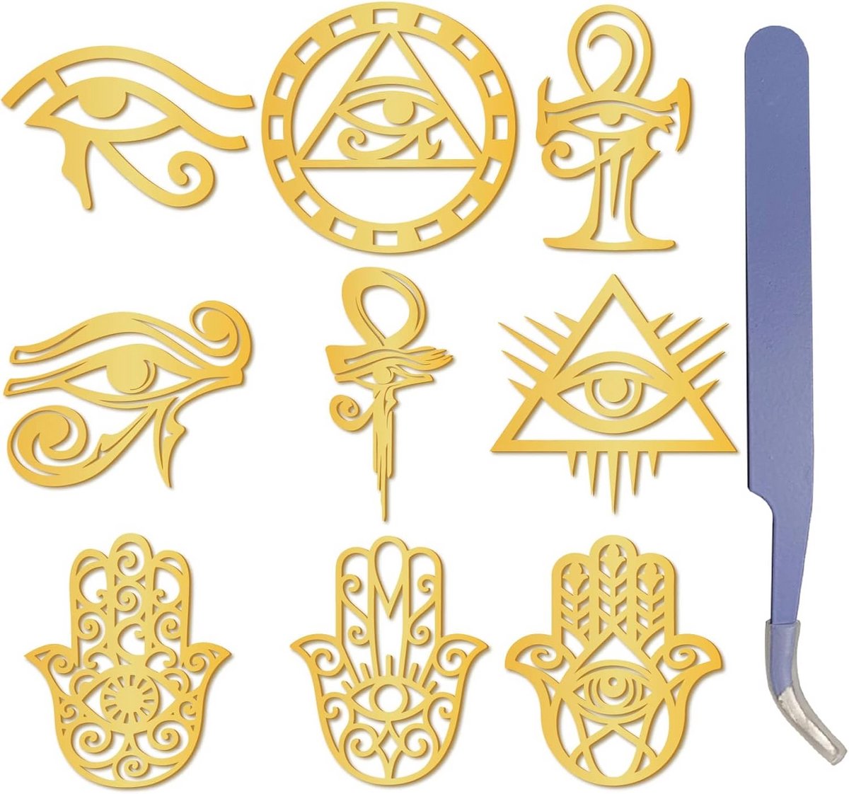 Metalen Stickers - Horus Oog - Scrapbooking Knutselen - Inclusief Pincet - 9 Stuks - Goudkleurig