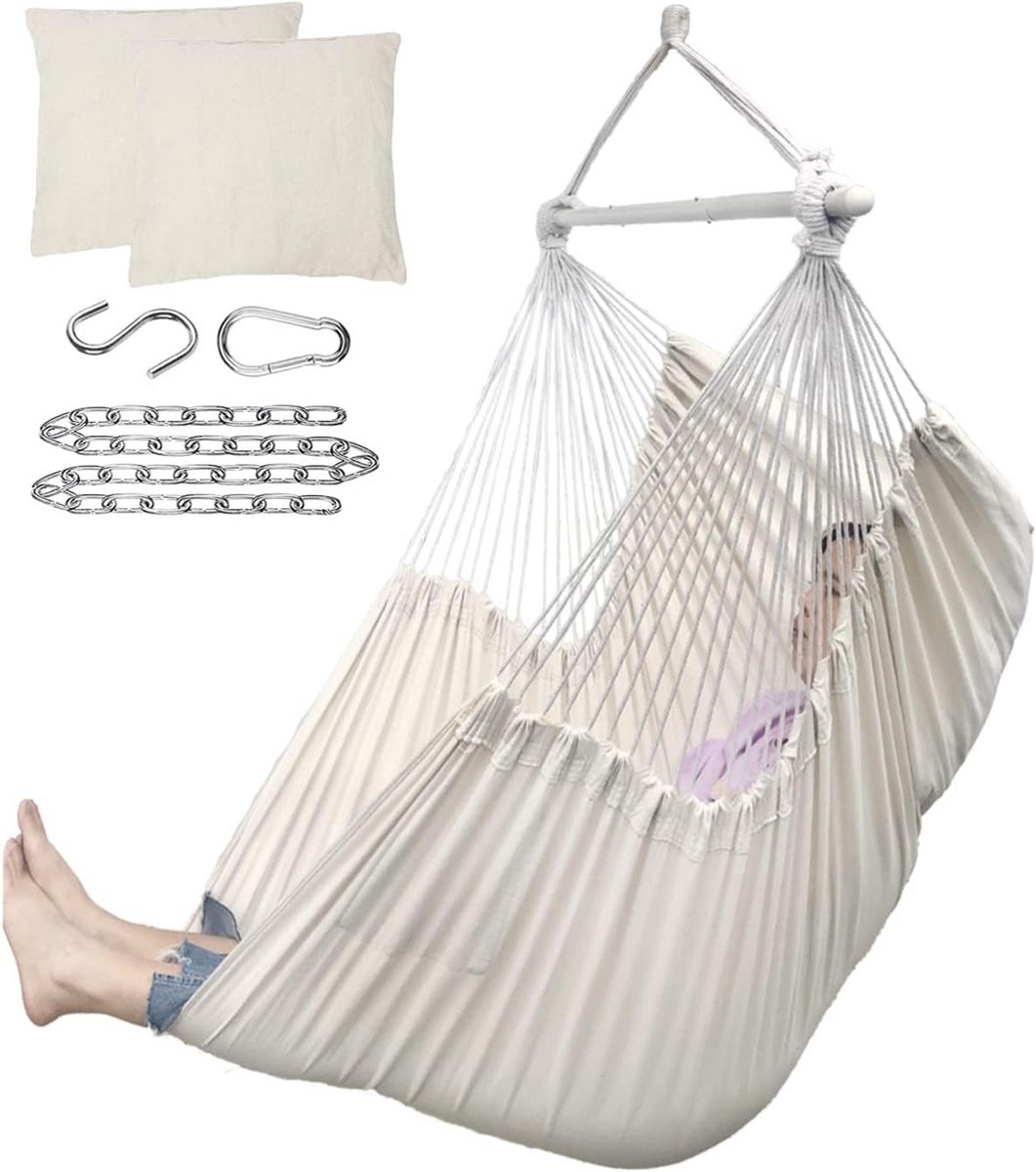 Hangstoel Touw Swing - Grote Hangmat - Ontspannen Buiten - Extra Ruim & Sterk - 70 inch - Beige