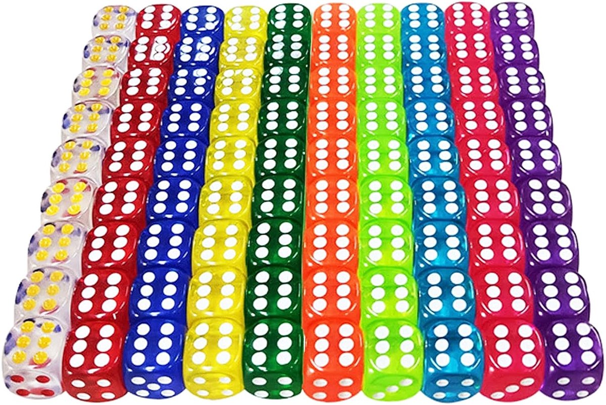 Dailygoods- Dobbelstenen Set 100 Stuks - Zeszijdige Dobbelstenen - Transparante Dobbelstenen - 12 mm - Meerkleurige Dobbelstenen - Acrylmateriaal - Speeldobbelstenen