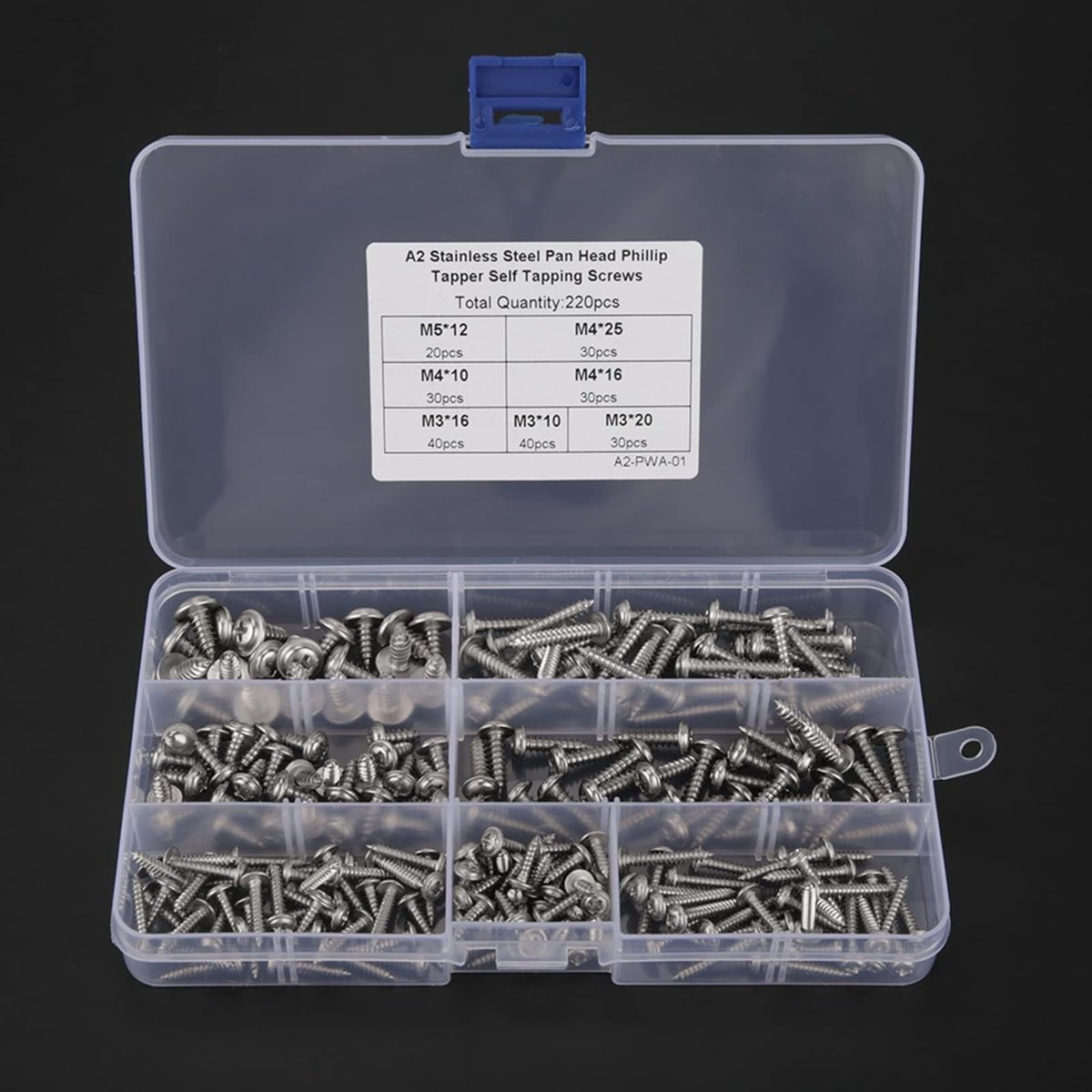 Dailygoods- Zelftappende Schroeven Set 220 stks - Roestvrij Staal - M3/M4/M5 - Transparante Opslagcase - Corrosiebestendig - Voor Doe-het-zelf Projecten