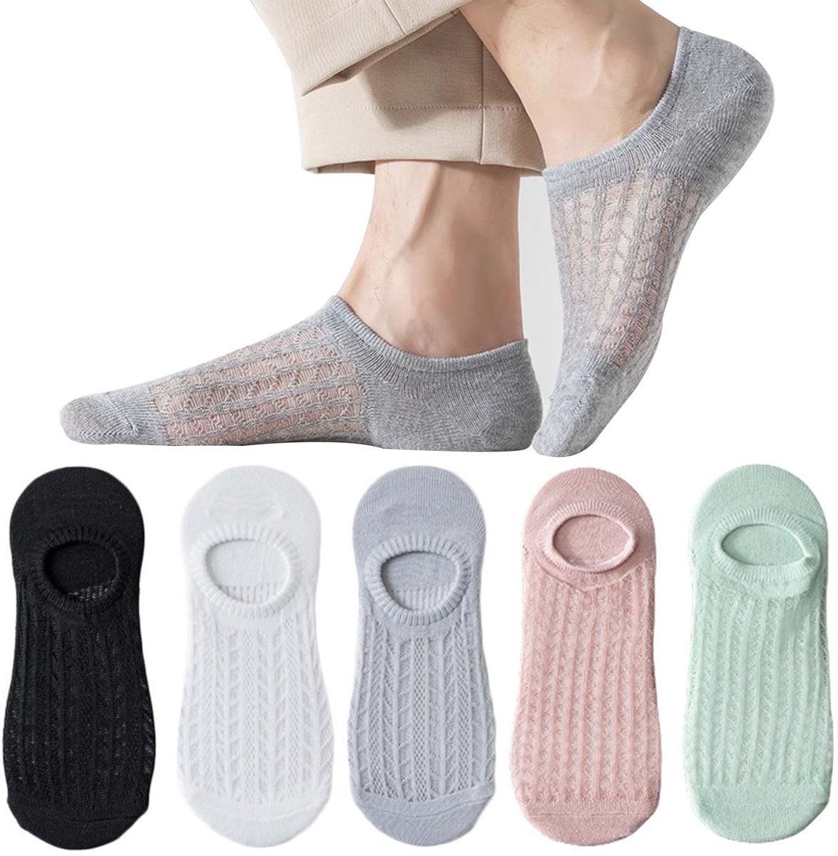 Dailygoods- Onzichtbare Damessokken Set van 5 - Antislip - Ademend - Zweetafvoerend - Korte Sokken - Naadloos - Geschikt voor Mocassins - Enkelsokken