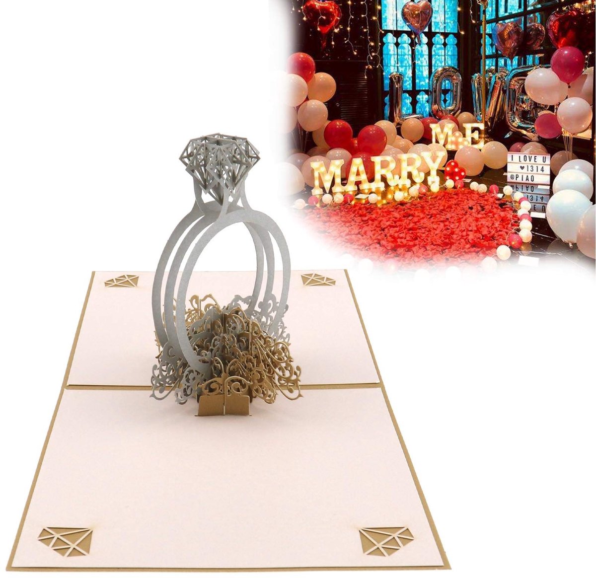 Dailygoods- Wenskaart 3D Pop-Up Diamantring - Wenskaarten Set - Wenskaarten Verjaardag - Wenskaarten Bruiloft - Wenskaarten Liefde - Kaartgrootte 15x15cm - Kaart