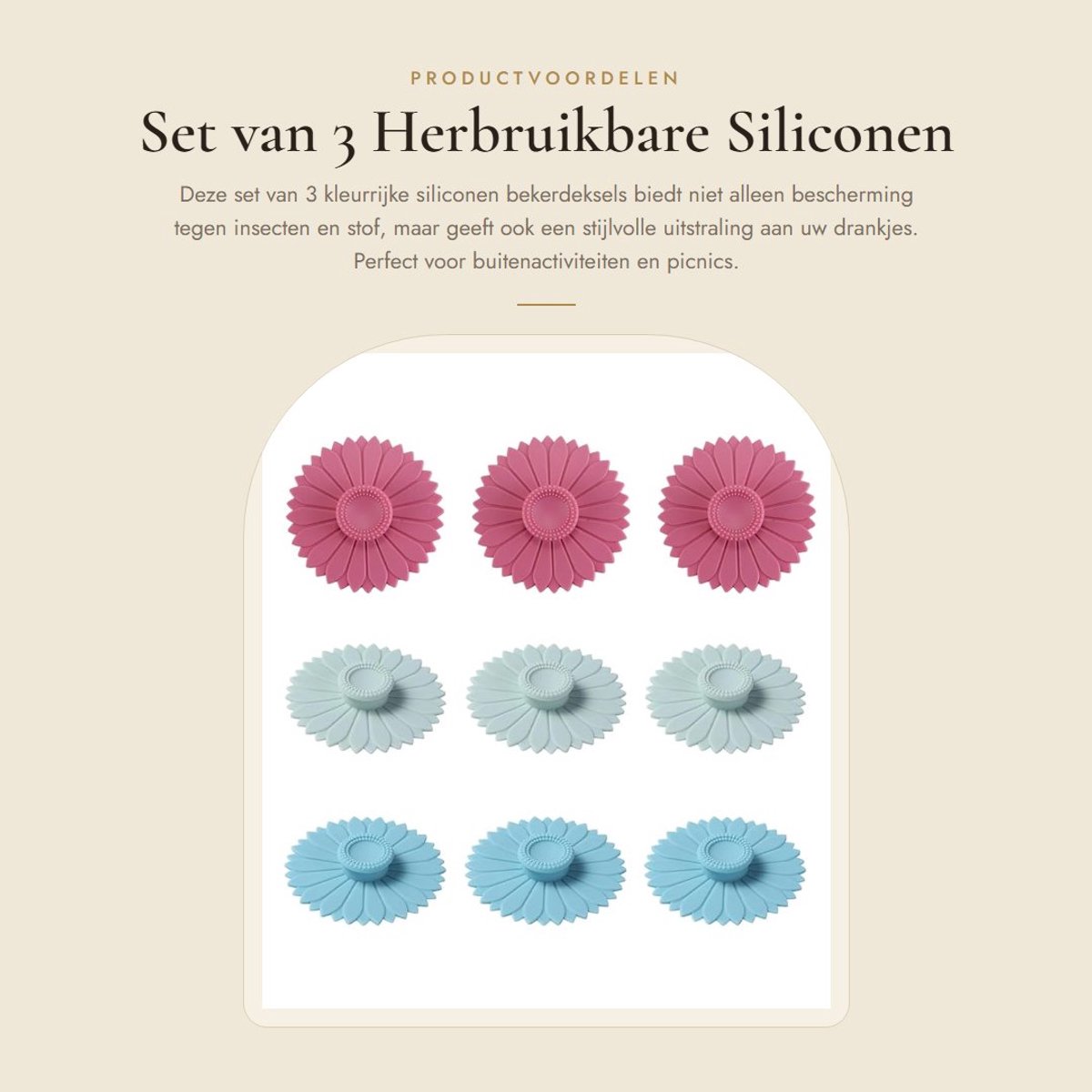 Dailygoods- Siliconen Bekerdeksels Herbruikbaar - 3 Stuks - Bescherming Tegen Insecten/Stof - Luchtdichte Afsluiting - 10,4 cm - Zonnebloemontwerp