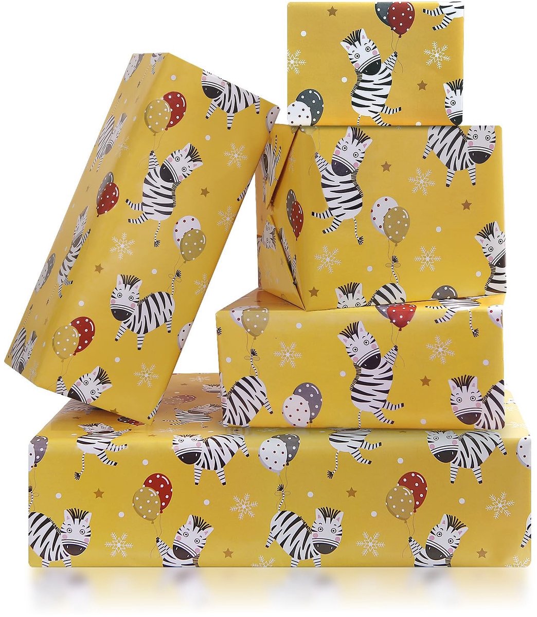 Dailygoods- Verjaardagsinpakpapier Zebra met Ballonnen - Cadeaupapier Kinderen - Inpakpapier Rollen - 4 Vellen - 50 x 70 cm - Feestelijk Ontwerp