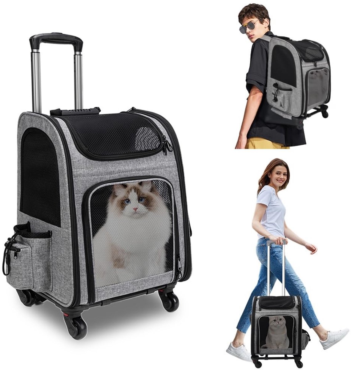Dailygoods- Transportbox met wielen - Draagbaar - Trolley-rugzak - Ademend - Voor honden/katten tot 15 kg - Robuust en lichtgewicht - Dierenvervoer