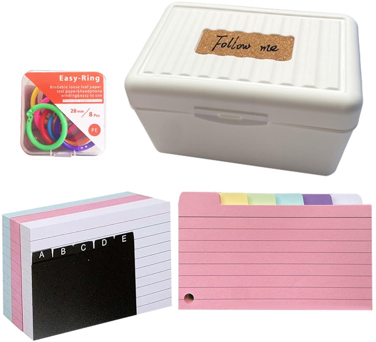Dailygoods- Systeemkaartenboxset A7 - 150 Gekleurde Indexkaarten - 8 Ringbandjes - 5 Scheidingsbladen - Duurzaam PP-Materiaal - 14,5 x 9 x 8 cm - Indexkaartenbox