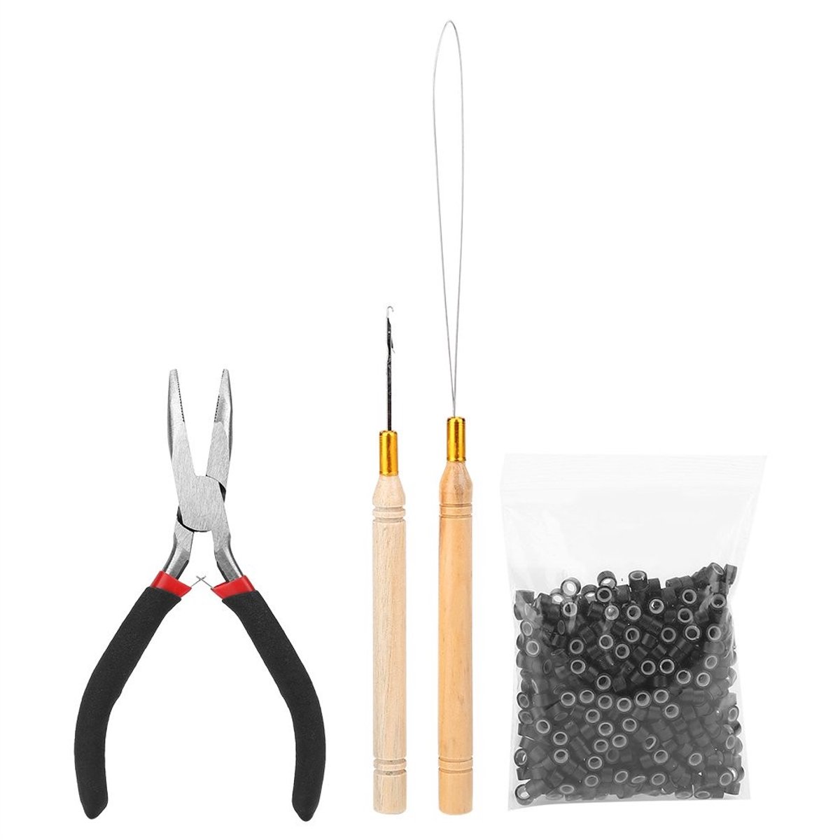 Dailygoods- Haarextension Tang - 2 Stuks Trekhaken - 500 Micro-Ringen - Kunststof/Hout - Lengte 12 cm - Voor Haarverlenging - Haarverlengingsset