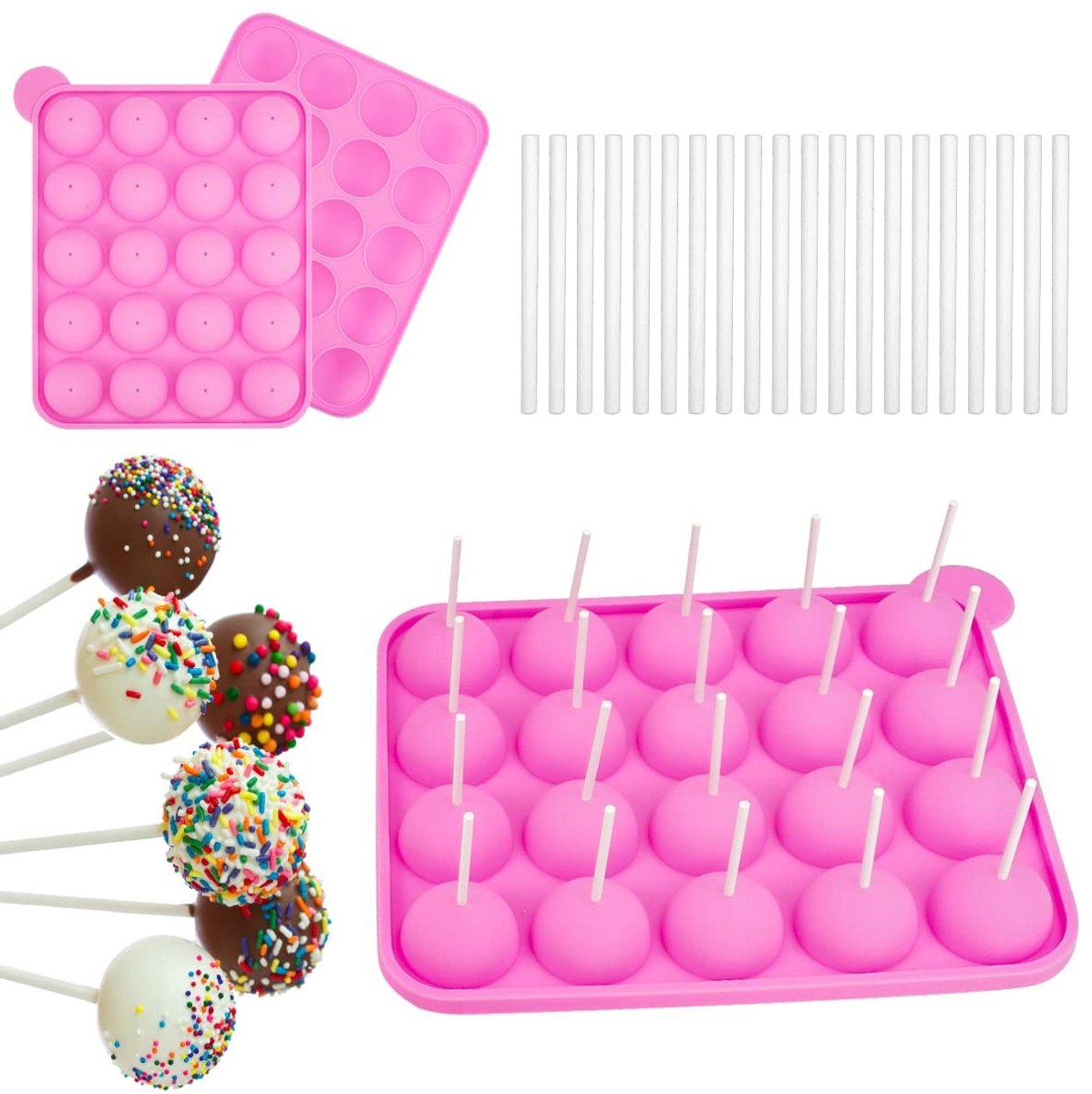 Dailygoods- Cakepopvorm 20 Ronde Siliconen - Cakepop Maker - Lollipop Sticks - Anti-aanbaklaag - Roze - Temperatuurbereik - Herbruikbaar