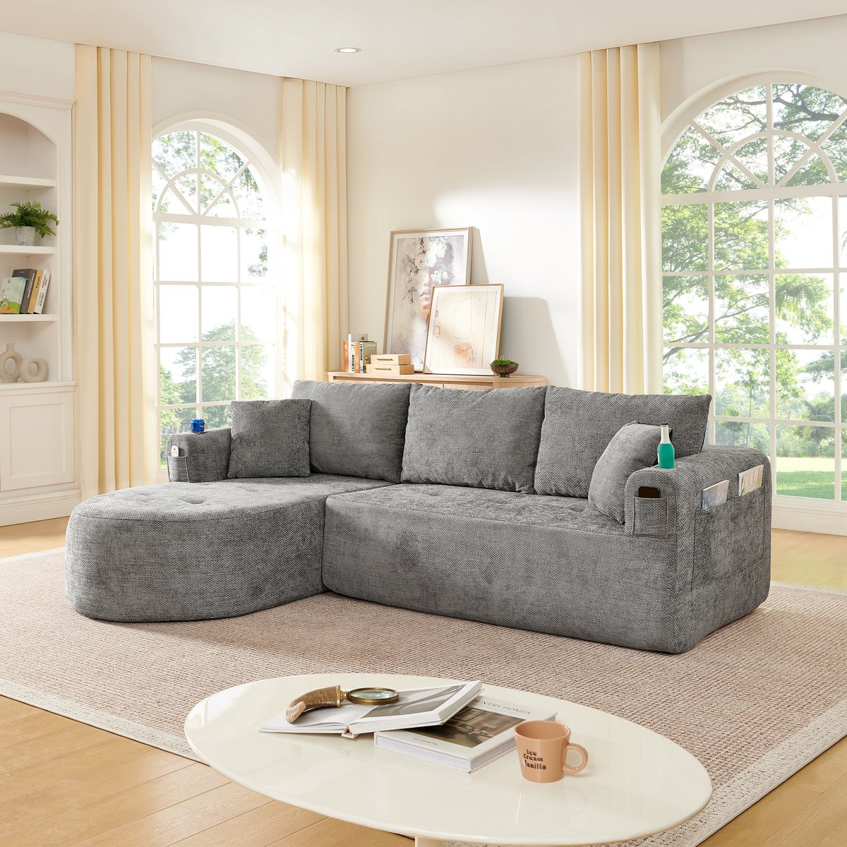 STILVORA Hoekbank L-Vorm - Cloud Sofa Met Bekerhouder En Opbergvakken - Voor Woonkamer En Lounge - Stoffen Bekleding - Grijs
