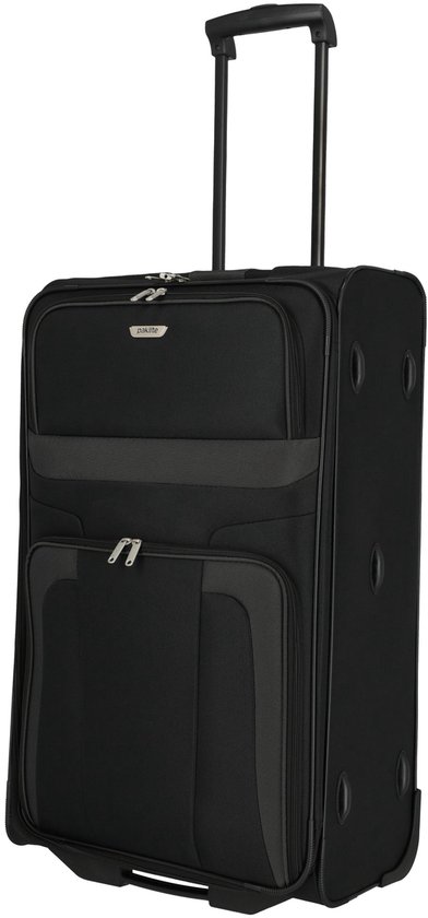 Valise trolley noire avec panneaux en tissu gris et fermetures éclair, debout sur roues.