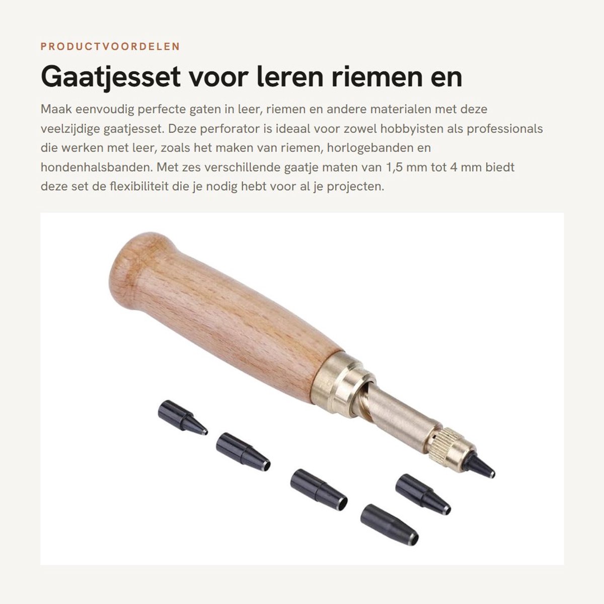 Dailygoods- Riemgaten Set - Lederen Tang - Slagkop 1,5 mm/4 mm - Stansgereedschap - Inclusief 6 Boorkoppen - Materiaal: Metaal/Hout - Gatenpons