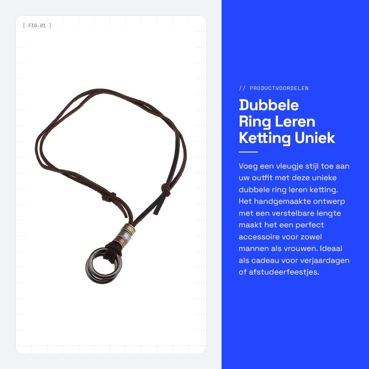 Dailygoods- Hanger Ketting Verstelbaar - Dubbele Ring - Kunstleer - Legering - Bruin/Retro Zilver - Uniek Ontwerp