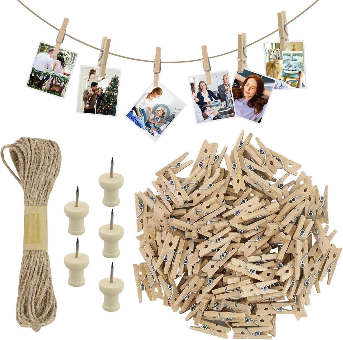 Dailygoods- Knijpers Mini 150 Stuks - Houten Knijpers - Decoratieve Klemmen - Henneptouw - I-vormige Spijkers - Lichtgewicht 100 g