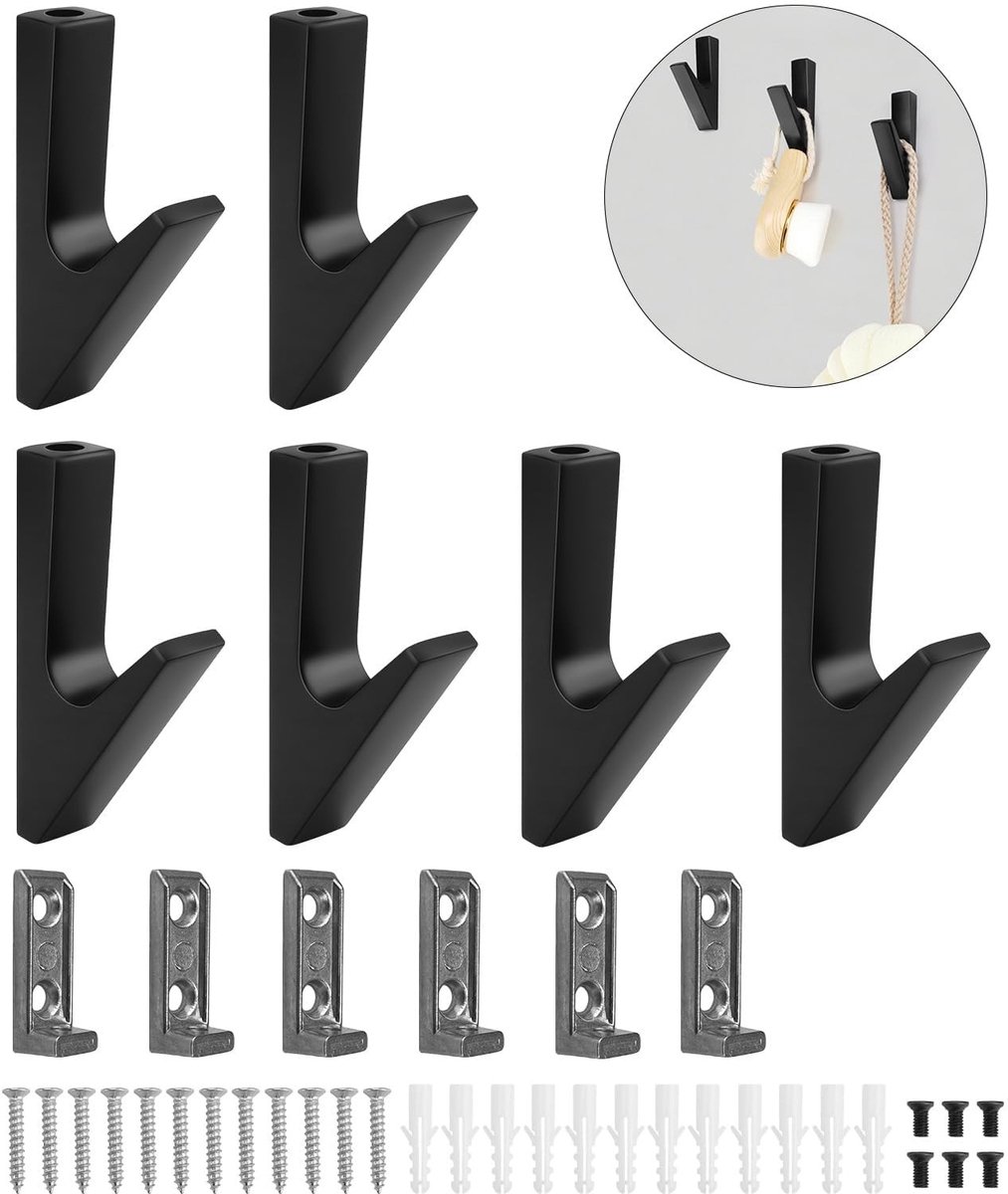 Dailygoods- Kledinghaken 6 Stuks - Wandhaken Zwart - Ruimtebesparend - Eenvoudig te Installeren - Robuuste Aluminiumlegering - Draagt tot 11 kg