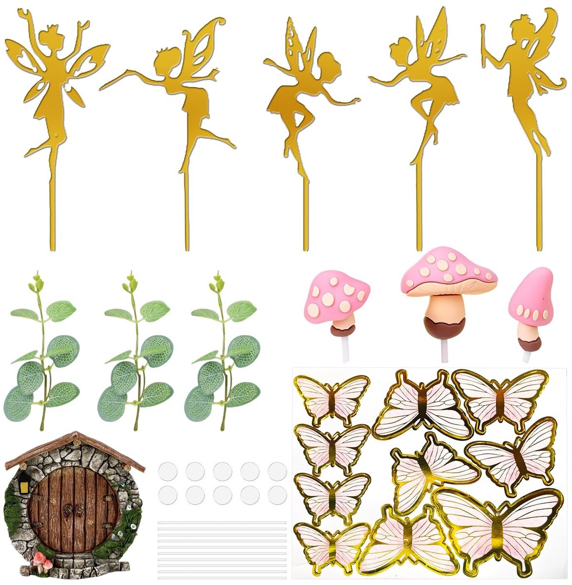 Dailygoods- Taartdecoraties 22 stuks - Feeënvlinder/Elfentaartdecoraties - Tuinpaddenstoeldecoraties - Eucalyptusbladeren - Gouden Inlegkaart - Unieke Stijl - Taartversiering