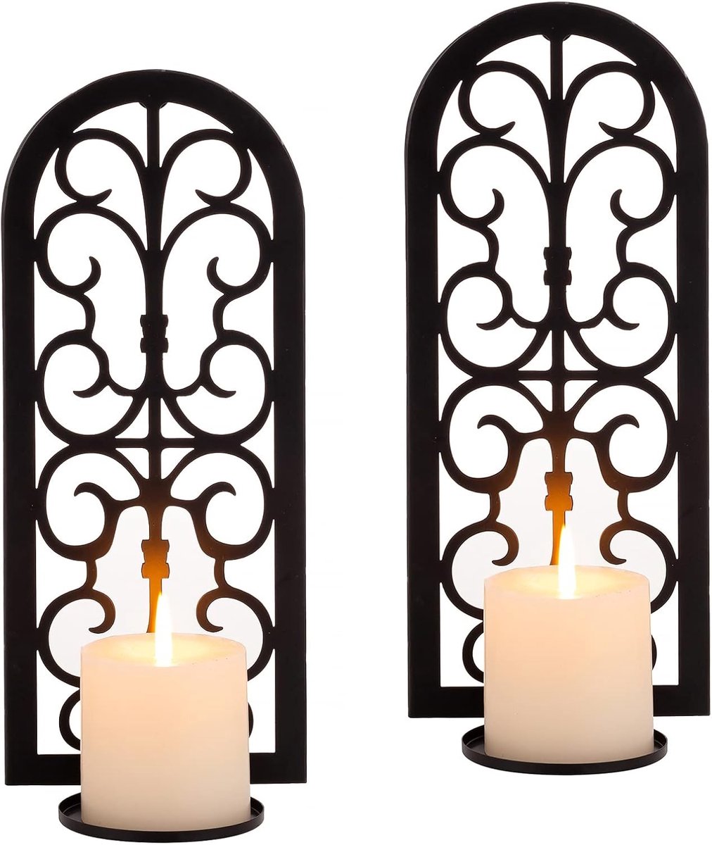 Metalen Kaars Sconces Hangende Wandkandelaars Set Van 2, Vintage Wandmontage Sconces voor Theelicht Pijler Kaarsen Wall Art Decor voor Woonkamer Slaapkamer Open Haard Badkamer, Zwart